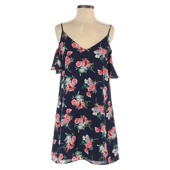 🌺 Design Lab Lord & Taylor Floral Navy Cold Shoulder Flutter Sleeve Mini Dress - Picture 1 of 10